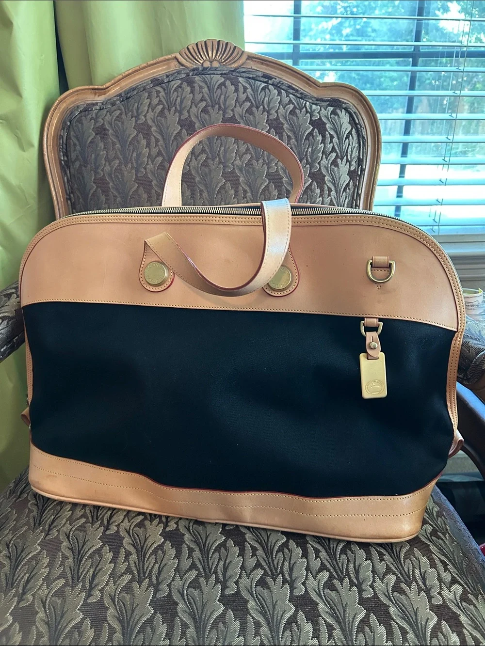 Dooney and Bourke Black and Tan Travel Tote Bag - Leather Trim